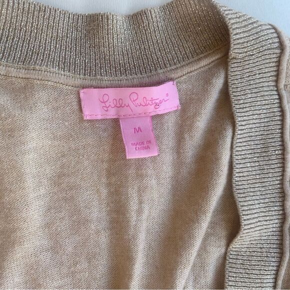 Lilly Pulitzer Tan Cardigan Sz Medíum  V-Neck Pockets Wool Blend Sweater Boho - Picture 6 of 14